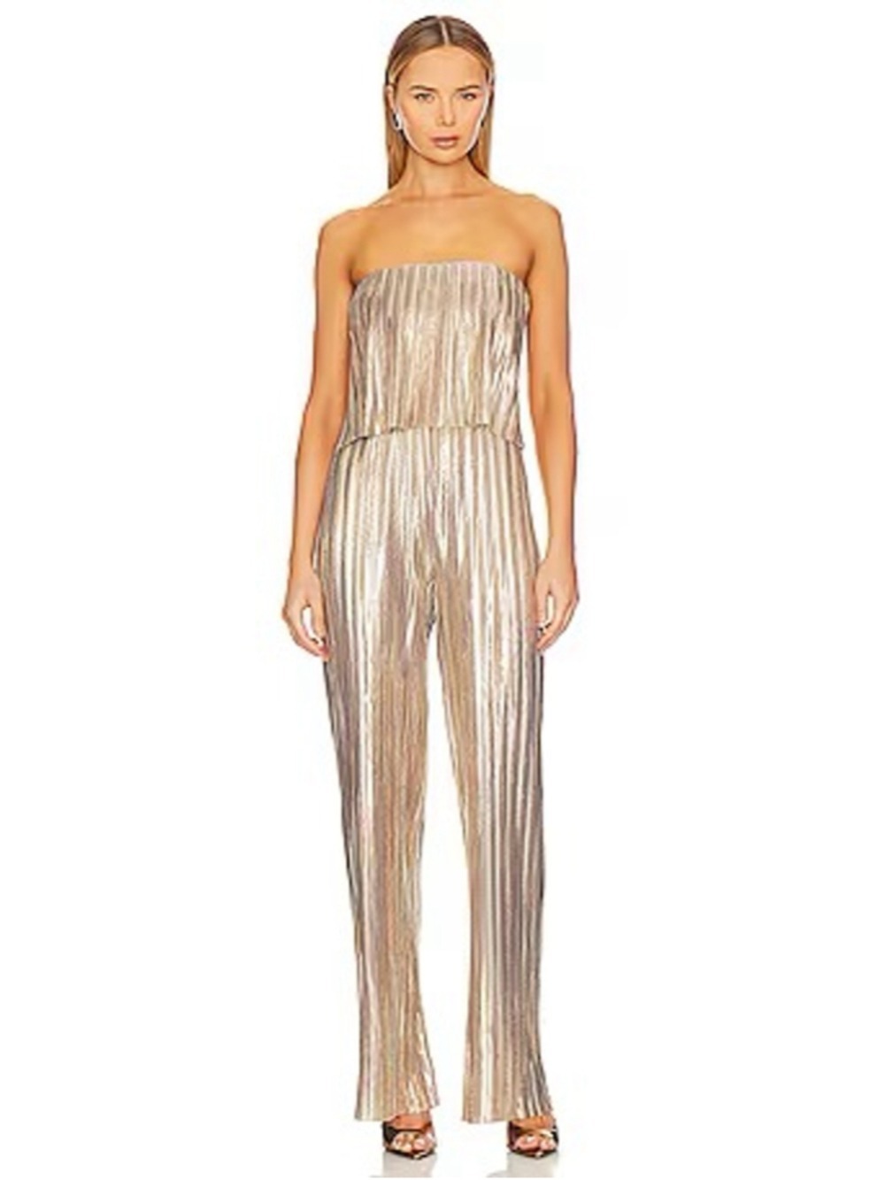 Women's Amanda Uprichard Gold Pleated Strapless Jumpsuit S